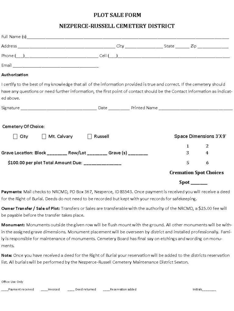 Plot Sale Form City of Nezperce,Idaho